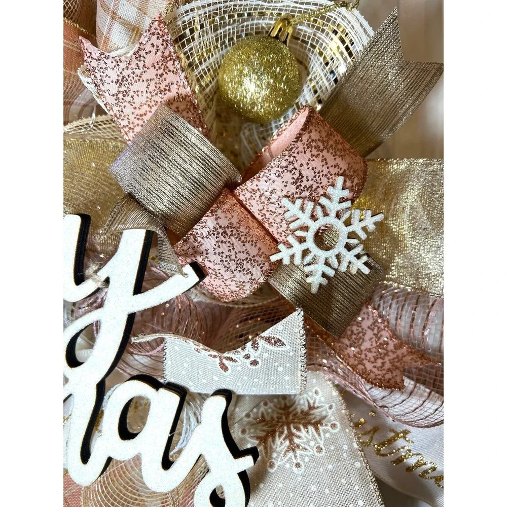 Christmas Snowflake Holiday Ribbon Door Wreath Handmade 22 ins LED W42 Gold Pink